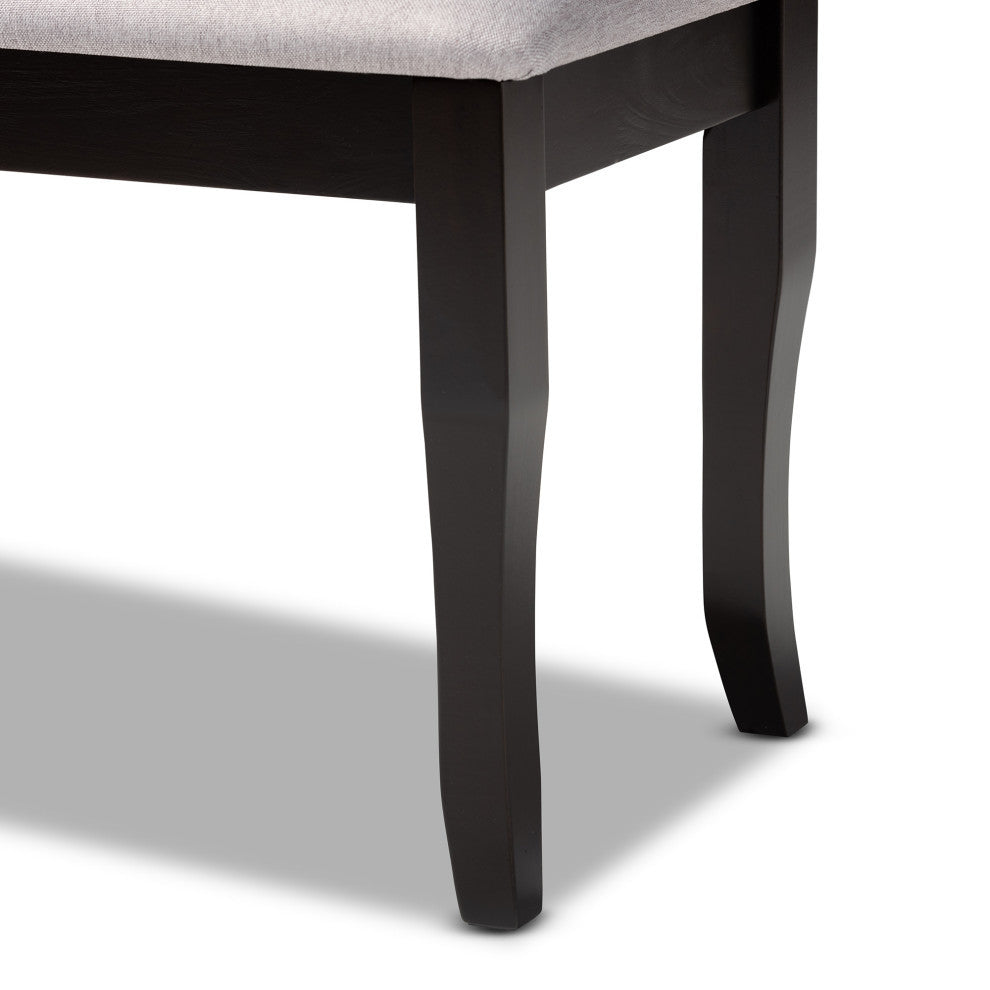 Aerni Transitional Gray Upholstered and Dark Brown Wood Dining Bench