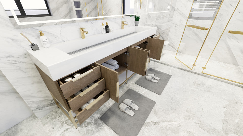 Madison 84" Free Standing Double Sink Vanity with Reinforced Acrylic Sink, Light Oak