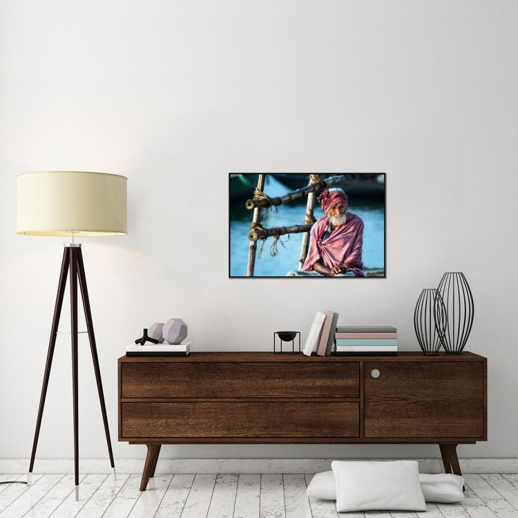 "The Old Man And The Ganges" Framed Canvas Giclee by Piet Flour, 37x25"