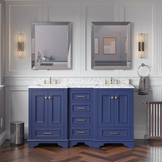 Nantucket 60" Bath Vanity, Royal Blue, Carrara Marble, Double Vanity