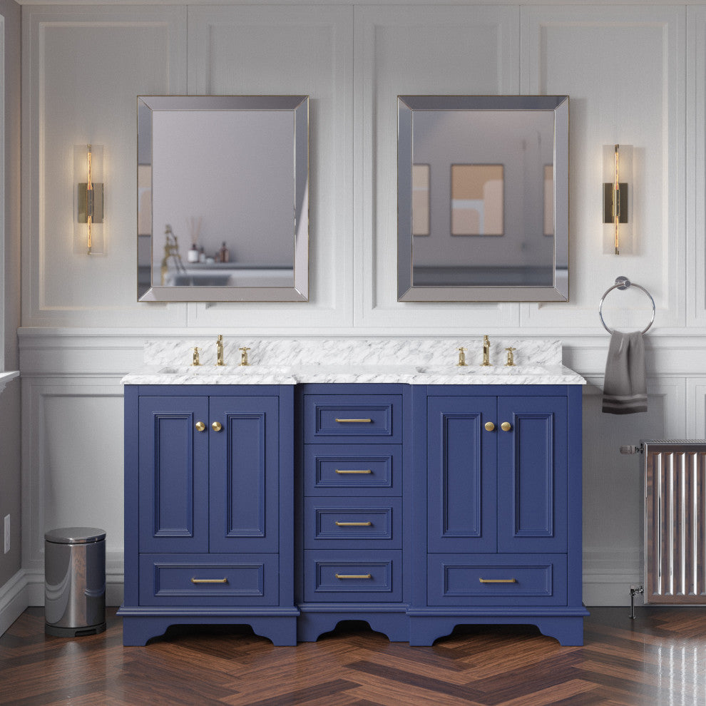 Nantucket 60" Bath Vanity, Royal Blue, Carrara Marble, Double Vanity