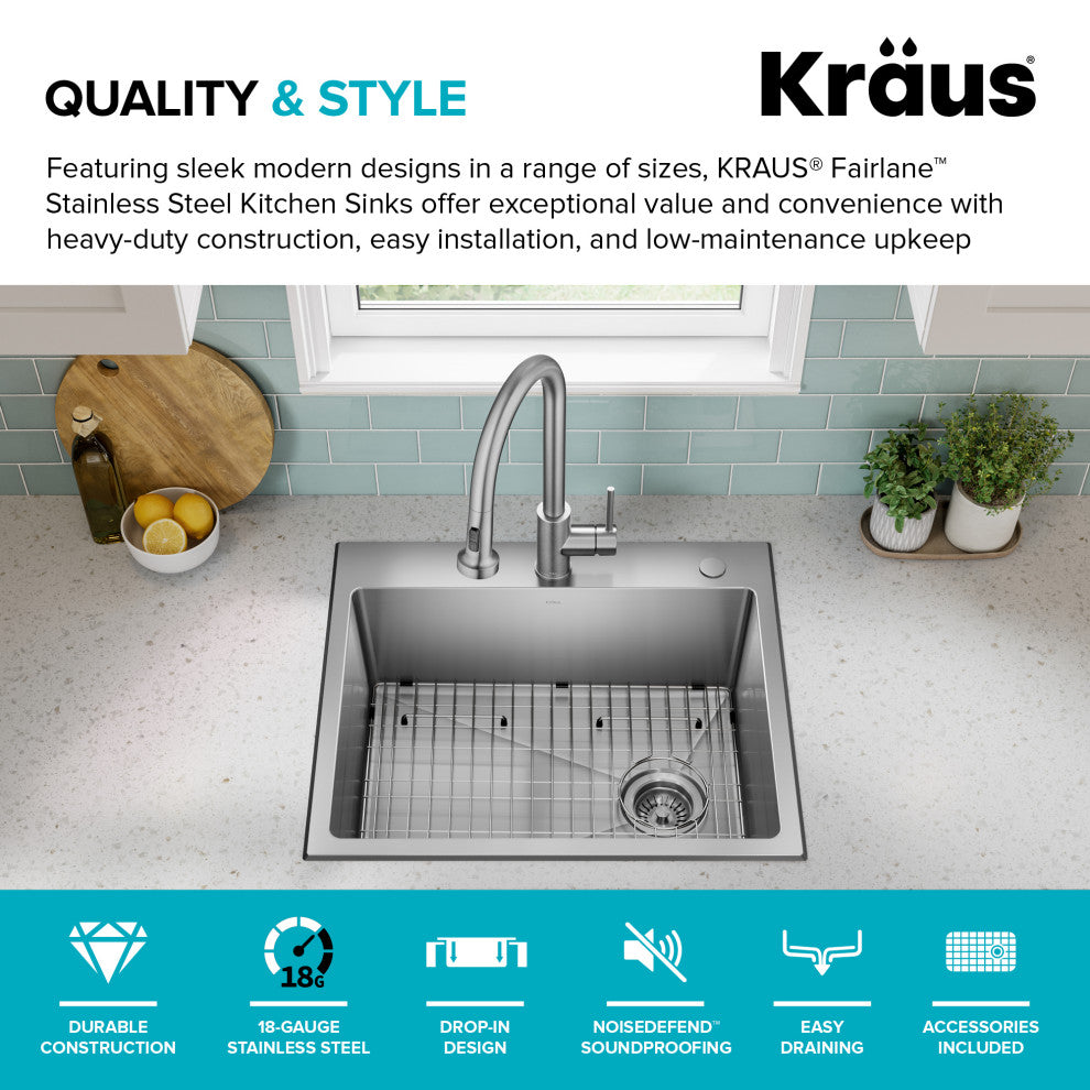 KRAUS Fairlane 25" Drop, / Top Mount 1-Bowl Stainless Steel Kitchen Sink