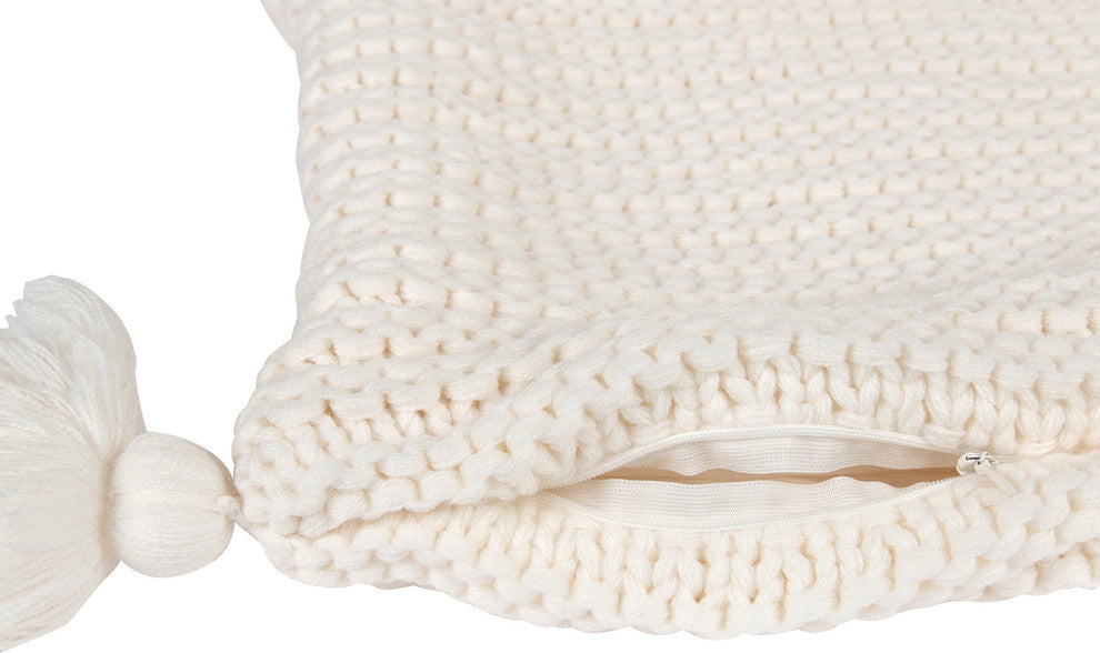 Tassey Large Knit Pillow Cover with Tassels, White 18x18