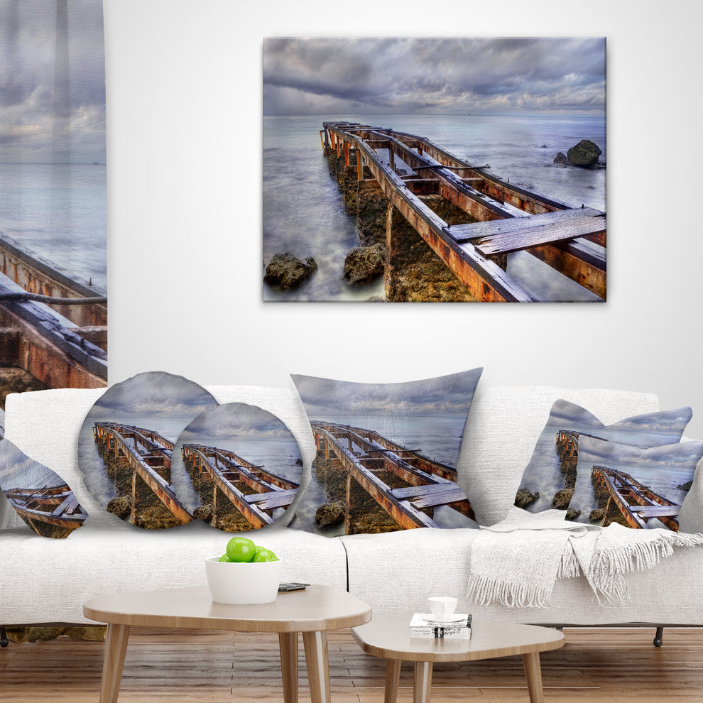 Old Rusty Pier in Cloudy Day Seashore Photo Throw Pillow, 16"x16"