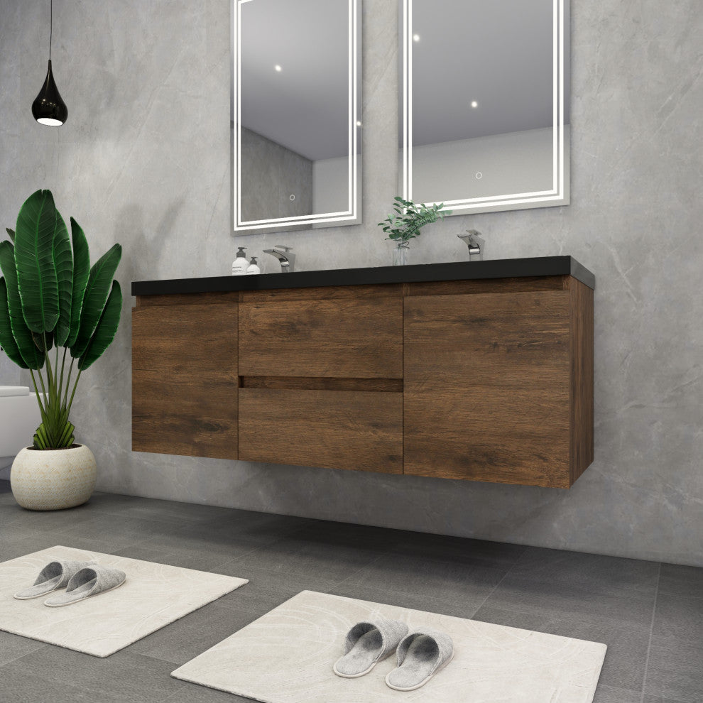 Belli 60" Double Sink Wall Mount Vanity Set, Rosewood, Matt Black Top