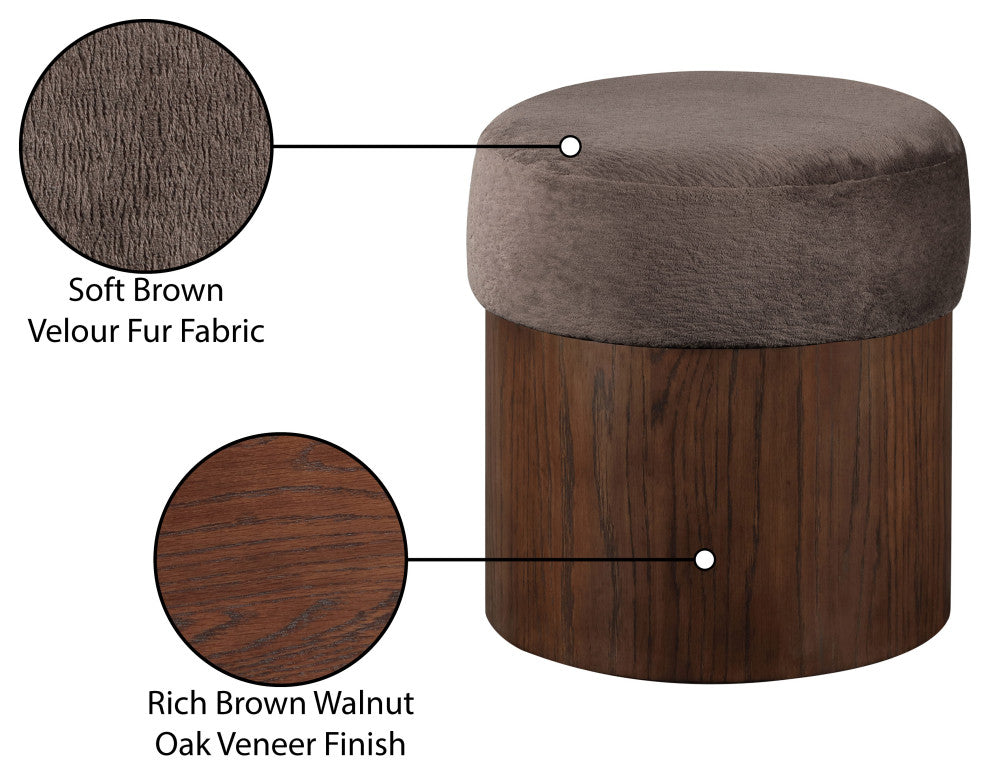 Nimes Upholstered Ottoman, Brown, Velour Fur, Walnut Finish