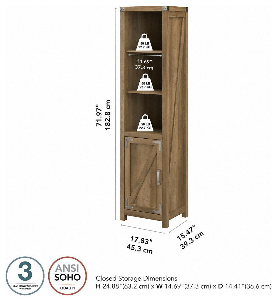 kathy ireland Home Cottage Grove Narrow Bookcase With Door, Reclaimed Pine