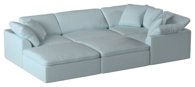 6-Piece Slip-Covered U-Shaped Pit Sectional Sofa, Ocean Blue