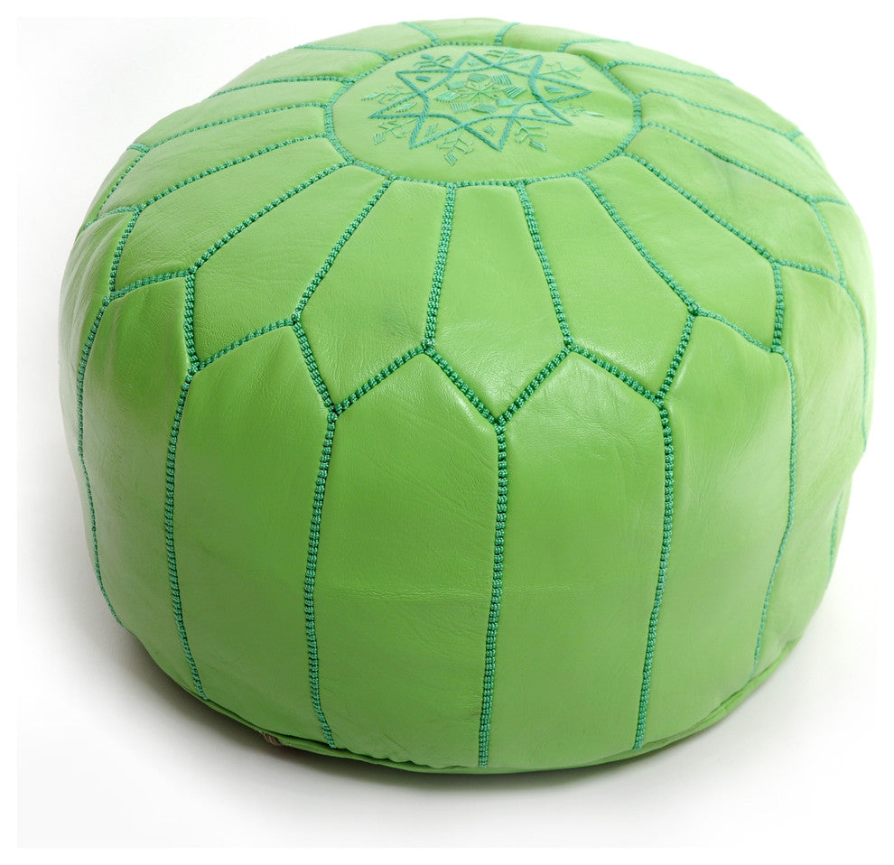 Moroccan Leather Pouf, Lime Green