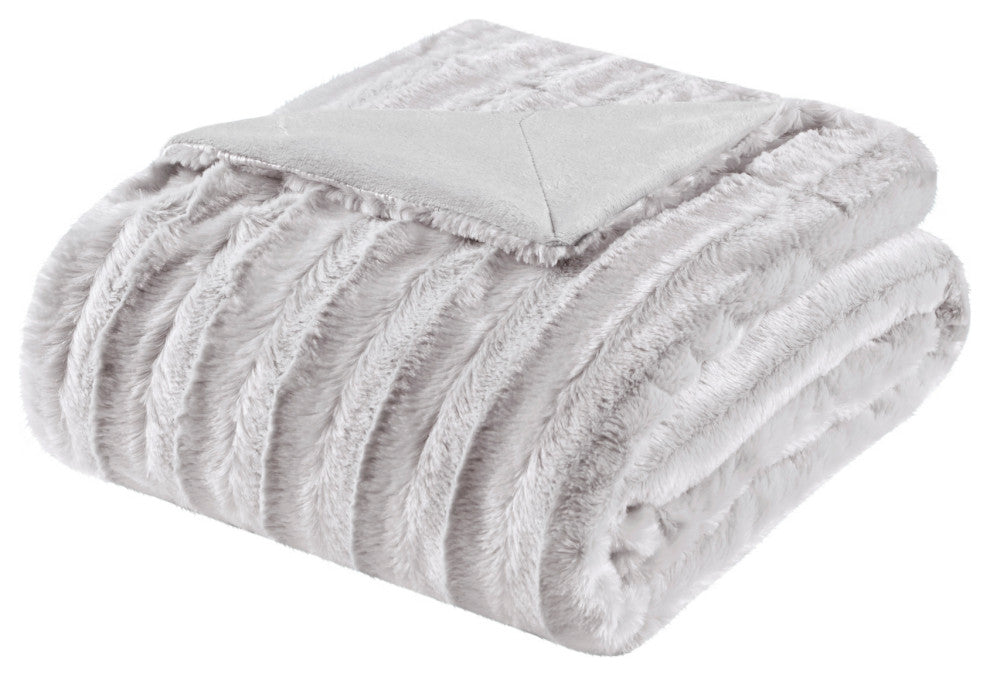 Madison Park Solid Stripe Plaited Brushed Long Fur Knitted Throw, Gray