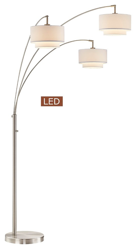 LumiereIII LED Arched Floor Lamp Double Layer Shade, Dimmer, Brushed Nickel, 80"