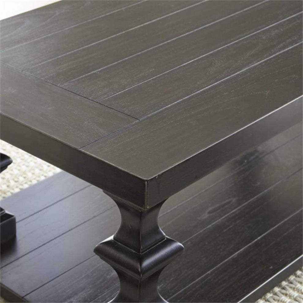 Bowery Hill Wood Coffee Table with Planked Top and Pedestal Base in Ebony
