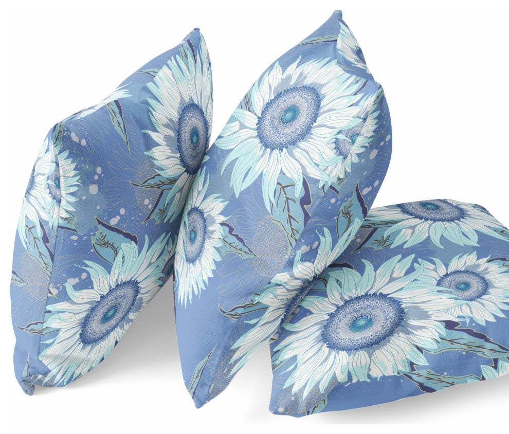 18" Blue White Sunflower Indoor Outdoor Zippered Throw Pillow