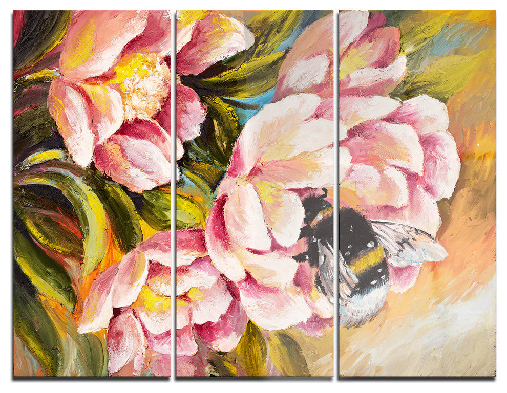 "Bee Sitting on Flower" Glossy Metal Wall Art, 3 Panels, 36"x28"
