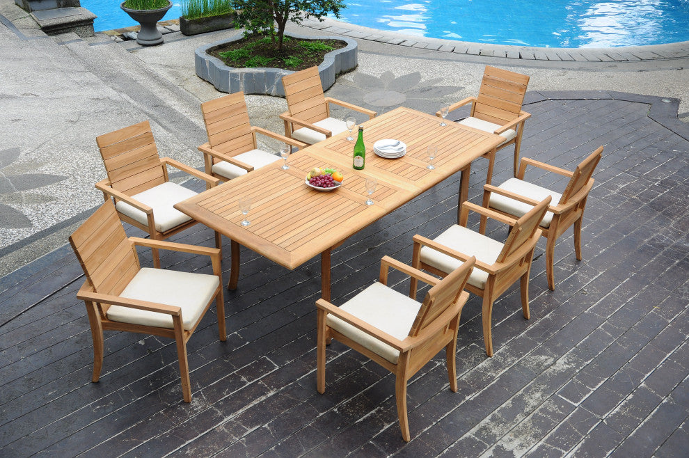 9-Piece Outdoor Teak Dining Set: 94" Rectangle Table, 8 Alps Stacking Arm Chairs