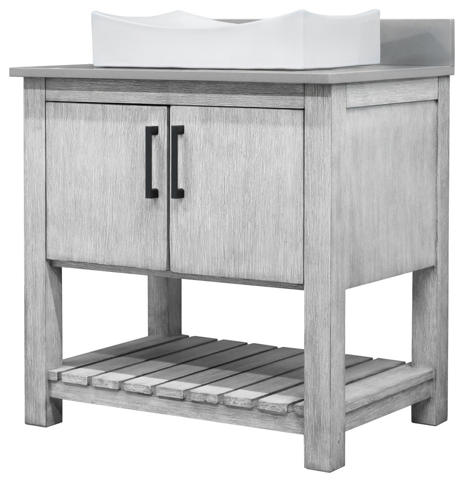 30" Vanity, Smoke Grey Quartz Top, Backsplash, Sink, Drain, and P-Trap, Matte Black, Mirror Included