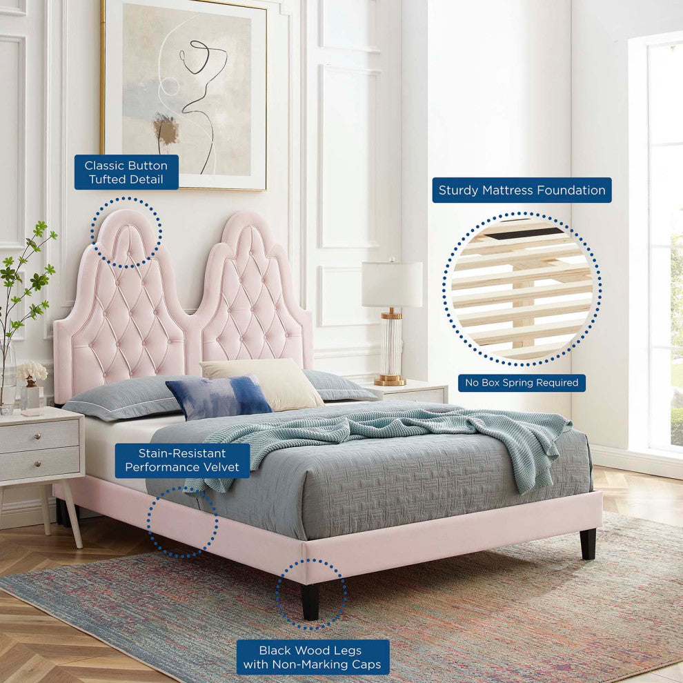 Tufted Platform Bed Frame, Twin Size, Velvet, Pink, Modern Contemporary, Bedroom