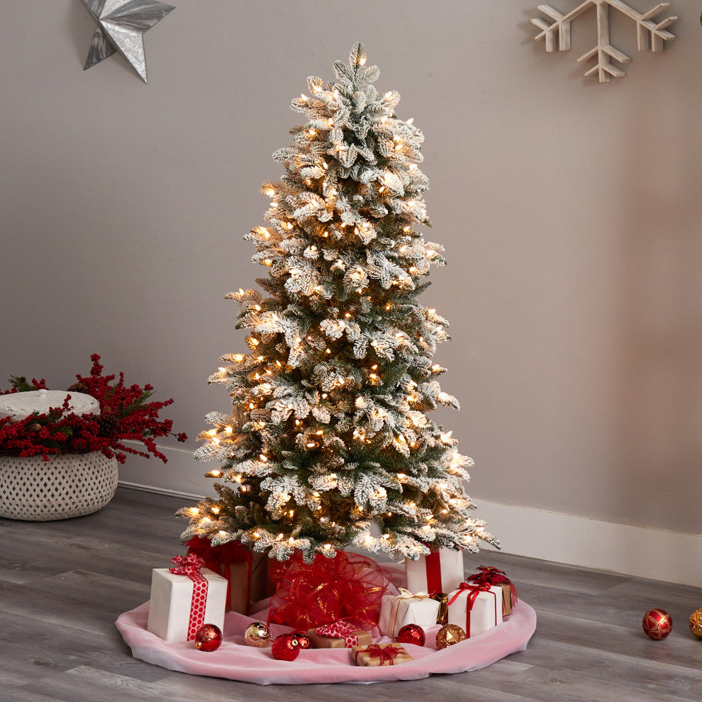 5' Flocked North Carolina Fir Faux Xmas Tree W/White Lights & Bendable Branches
