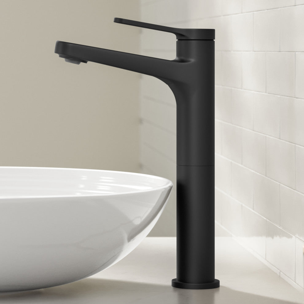 KRAUS Indy Single Handle Vessel Bathroom Faucet Matte Black, Pop Up Drain