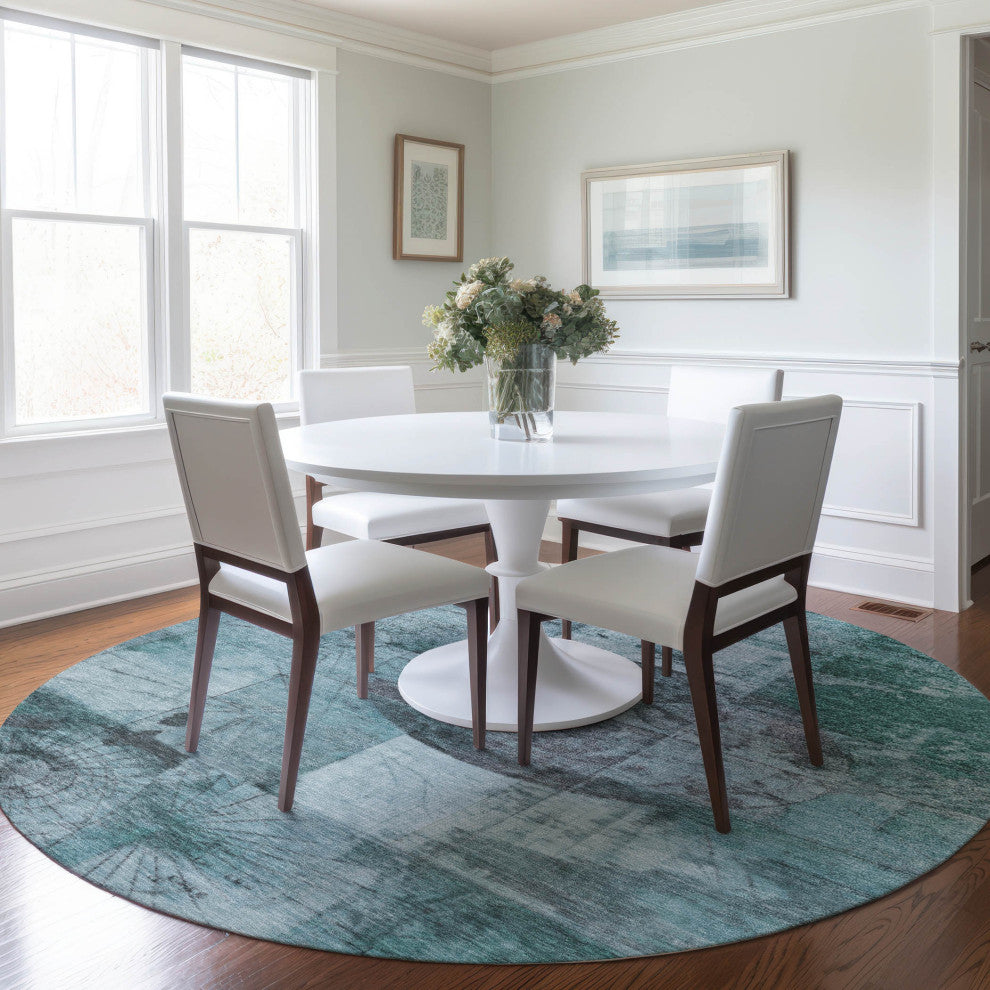 Machine Washable Indoor/Outdoor Chantille ACN1905 Teal 8' x 8' Round Rug