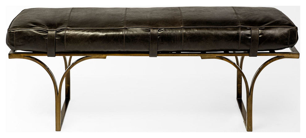 Jessie Black Genuine Leather Seat w/ Gold Iron Base Accent Bench