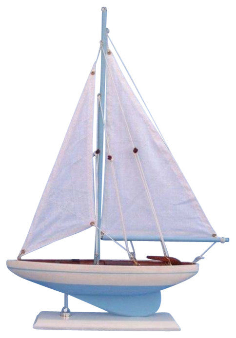 Pacific Sailer, Wood Sailing Boat Model, Blue Sails, 17", Light Blue and White