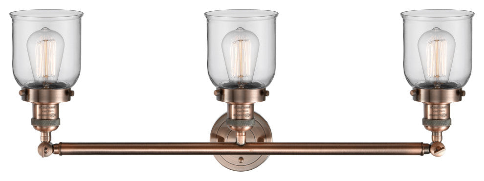 Small Bell 3-Light Bath Fixture, Clear Glass, Antique Copper