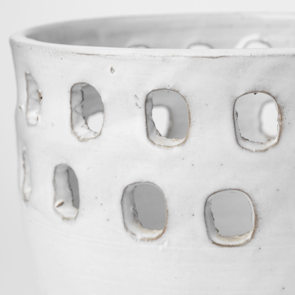 Set of Two White Ceramic Vases With Hollow Details