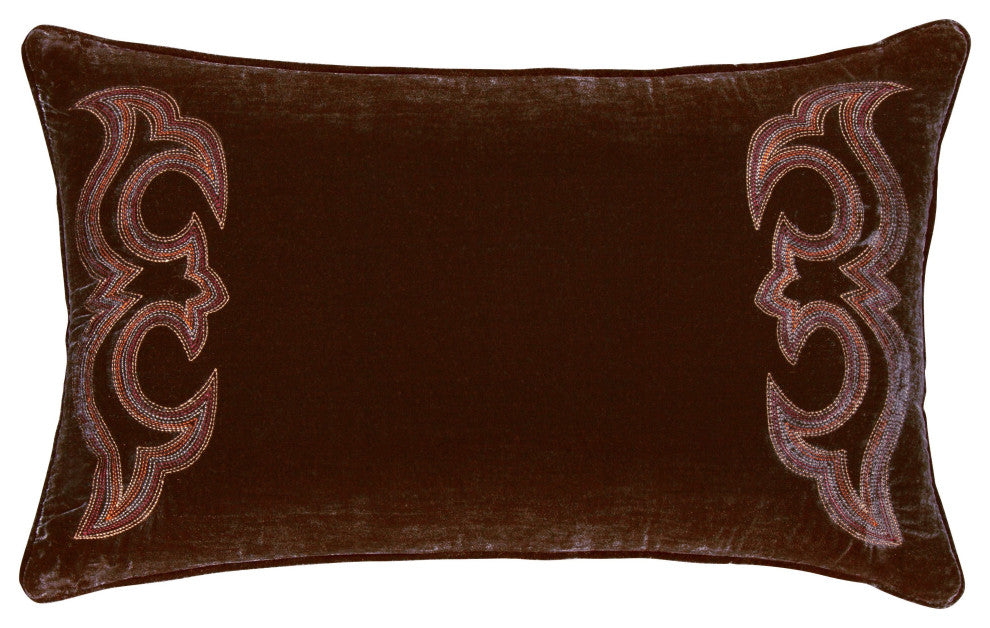 Stella Boot Stitch Faux Silk Velvet Lumbar Pillow, 14"x24", Copper Brown, Single