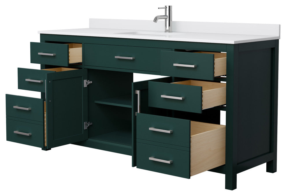 66"SGL Bathroom Vanity Green, White Cult. Marble Countertop, Sink, Nickel Trim
