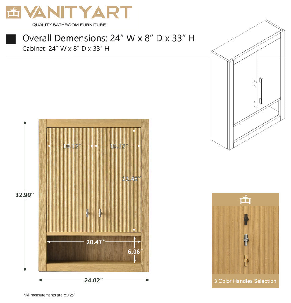 Vanity Art 24" Wall Mounted Bathroom Storage Cabinet, Linear Natural Oak, Matte Black Handle