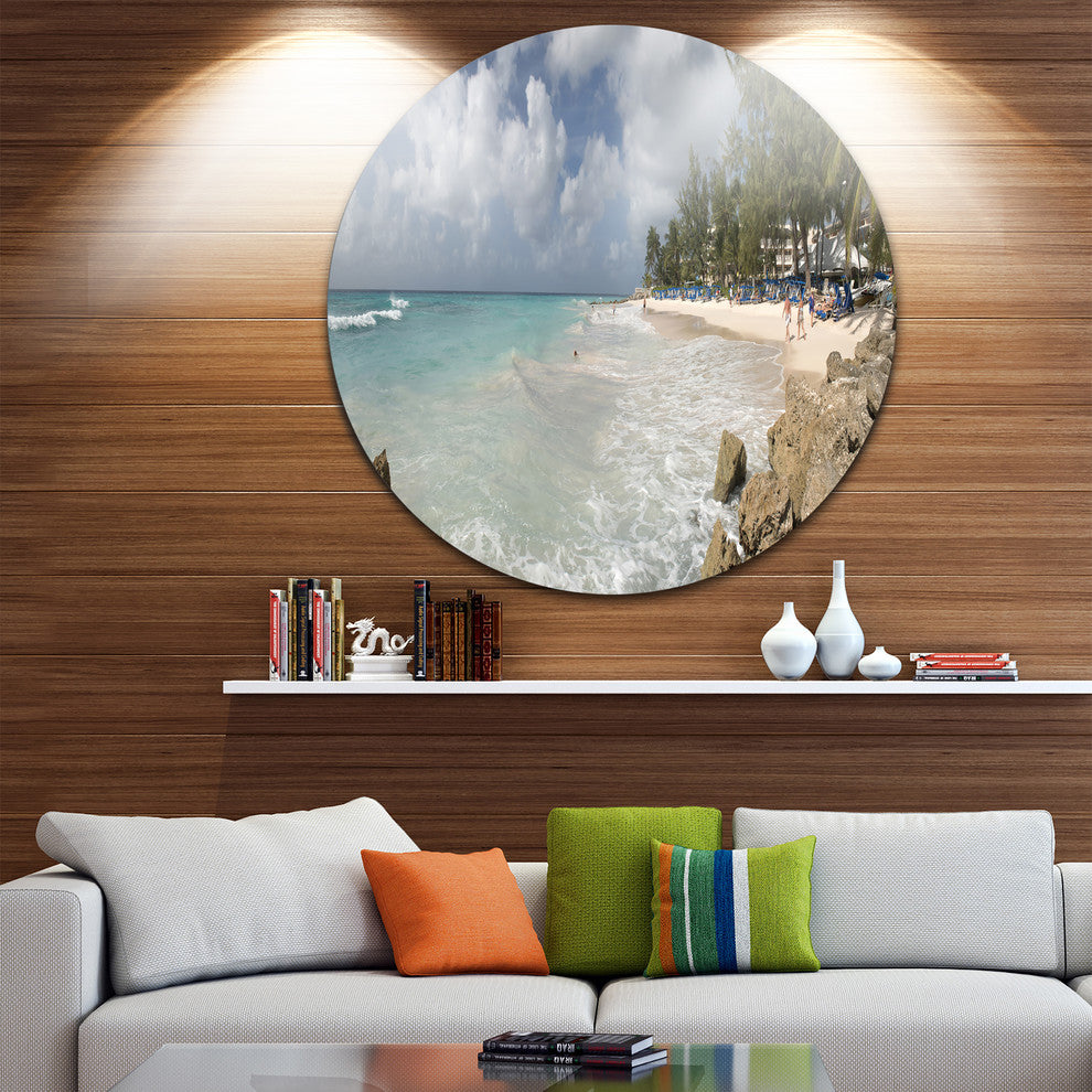 Barbados Island White Seashore, Seascape Round Metal Wall Art, 23"