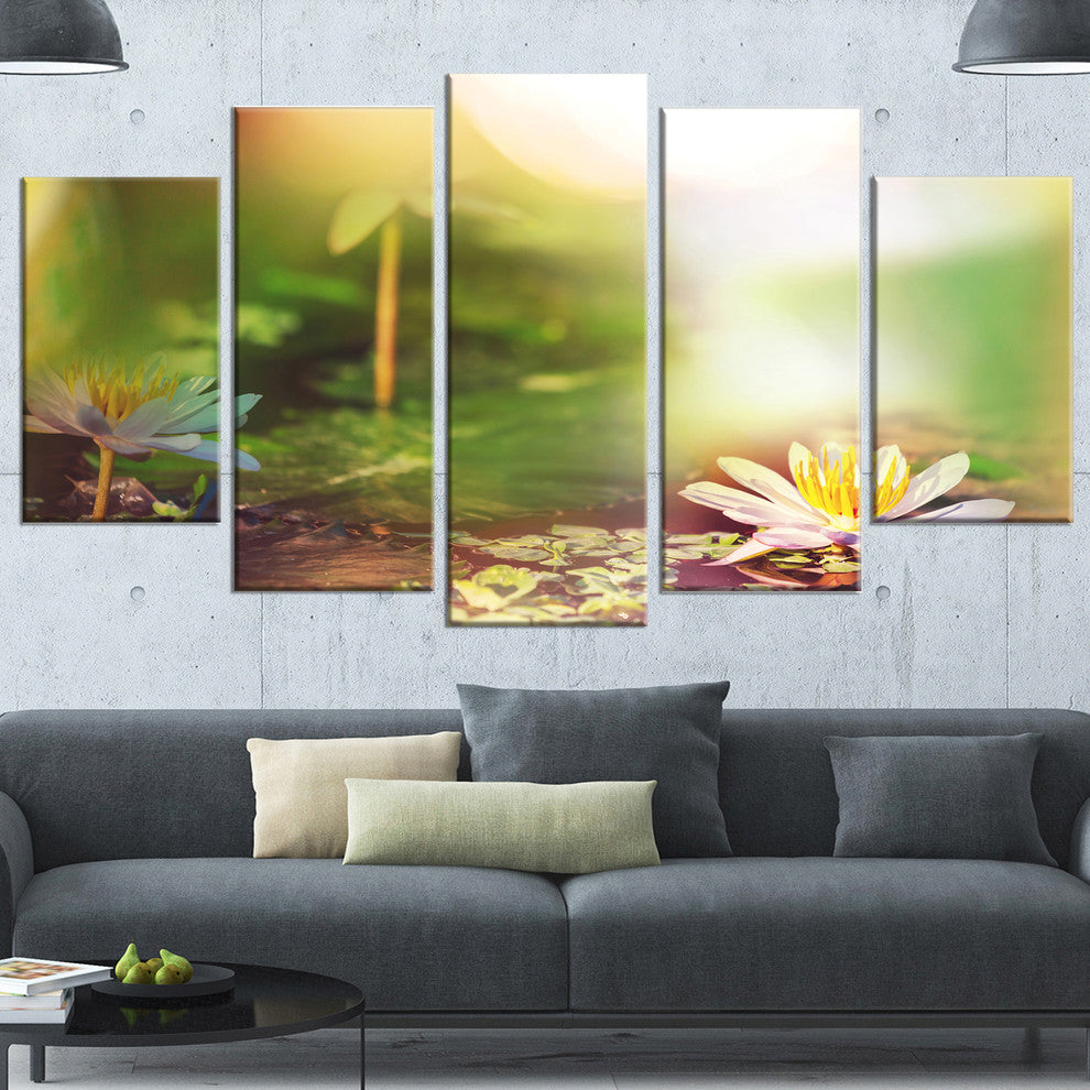 Lotus Flowers on Green Background, Large Flower Canvas Print, 60"x32", 5 Panels