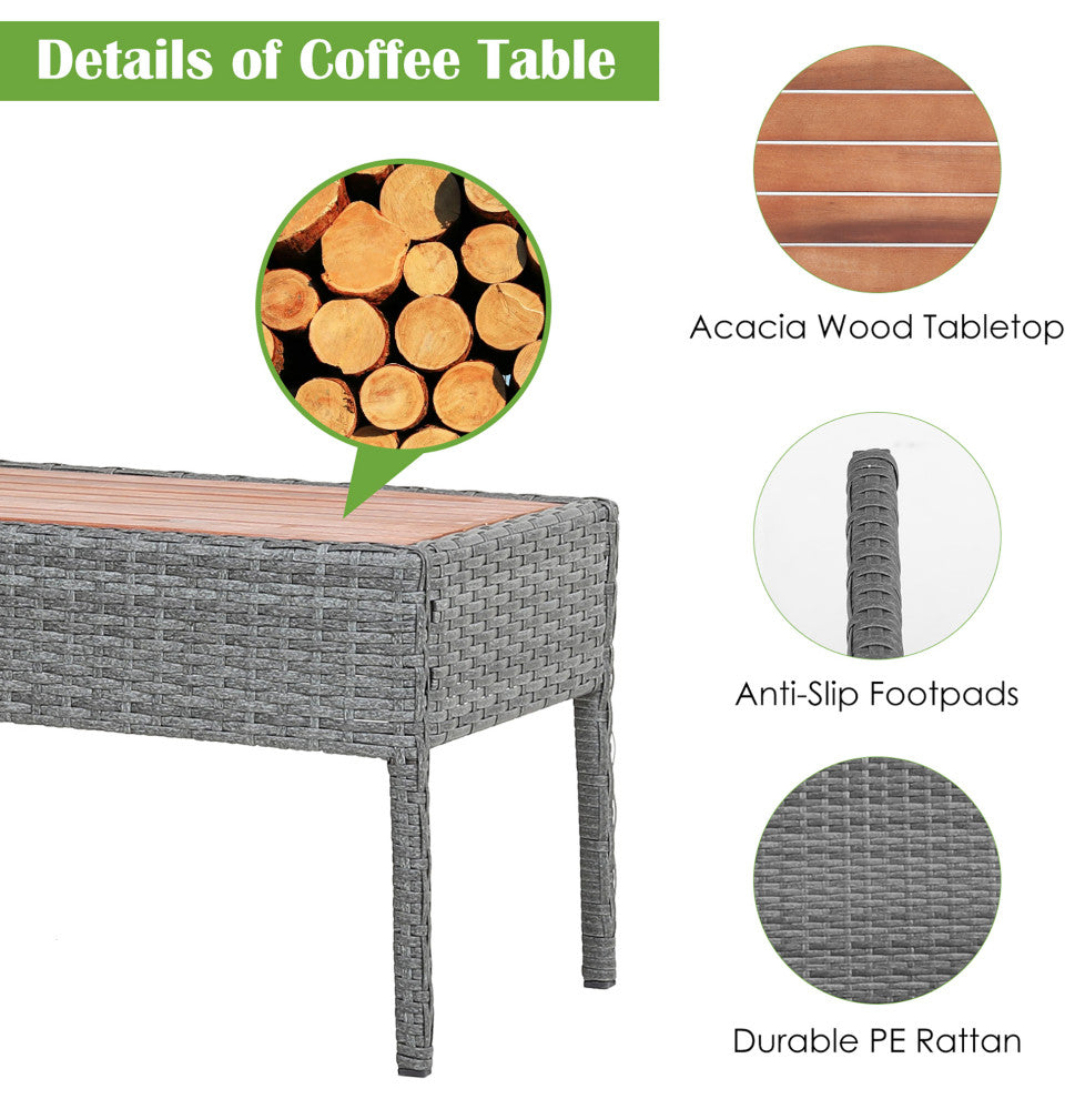 Costway 4PCS Patio Rattan Furniture Set Cushioned Chair Wooden Tabletop Gray