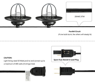 10-Light Indoor/Outdoor 10' Rustic G40 Metal Cage Shade String Lights, Black
