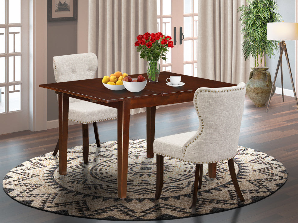 A Dining Set Of Two Parson Chairs, 12" Butterfly Leaf Rectangle Table, Mahogany