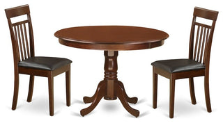 3-Piece Set With a Round Kitchen Table and 2 Leather Kitchen Chairs, Mahogany