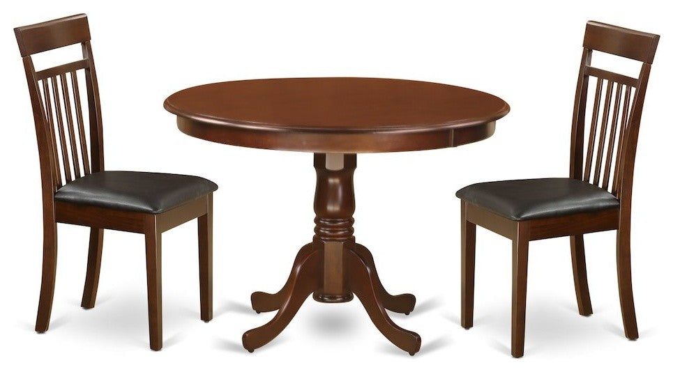 3-Piece Set With a Round Kitchen Table and 2 Leather Kitchen Chairs, Mahogany