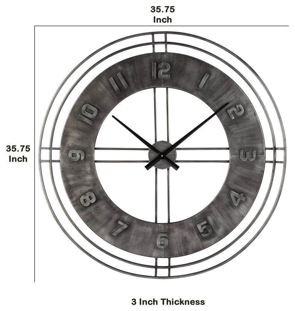 Benzara BM209373 Industrial Round Metal Wall Clock With Roman Numerals, Gray