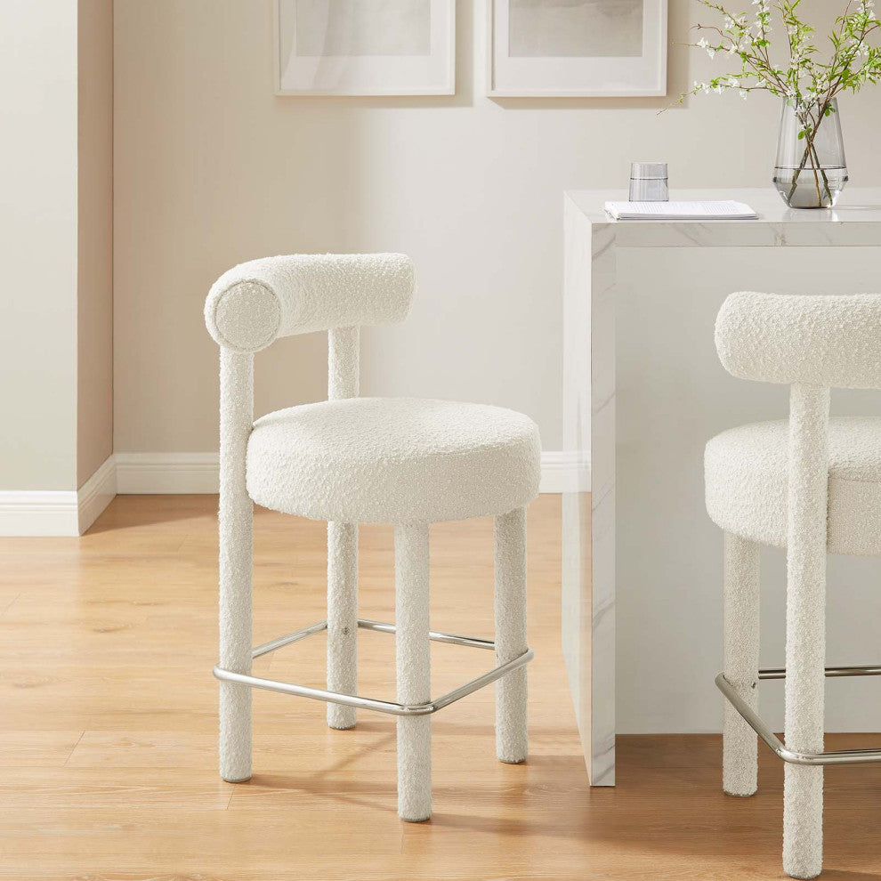 Toulouse Boucle Fabric Counter Stool - Set of 2 - Ivory Silver