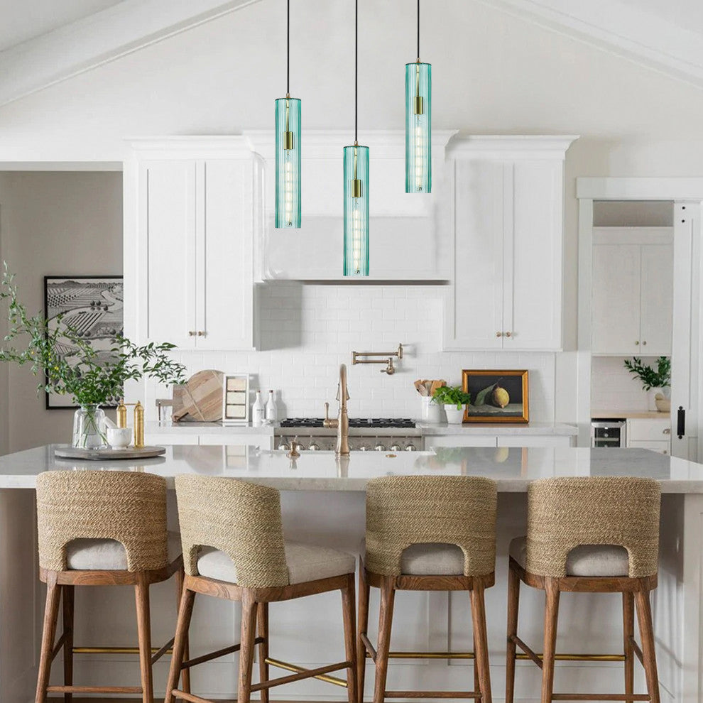 Modern Green Textured Glass Cylinder Pendant Light Fixture