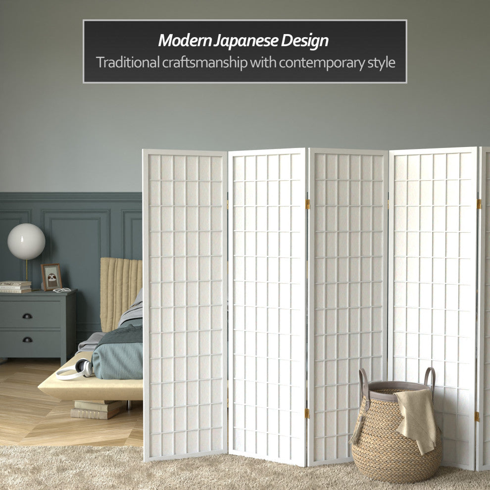 5' Tall Window Pane Shoji Screen, White, 6 Panels