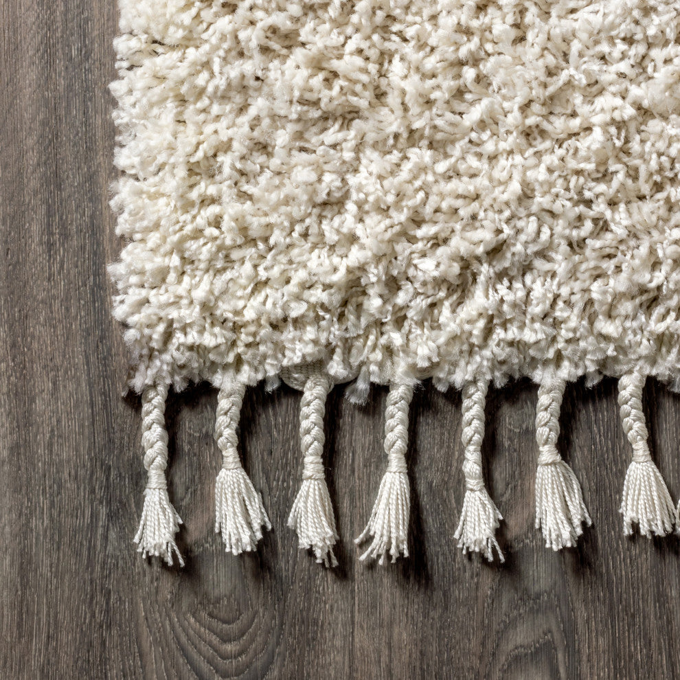Mercer Shag Plush Tassel Area Rug, Cream, 2 X 8
