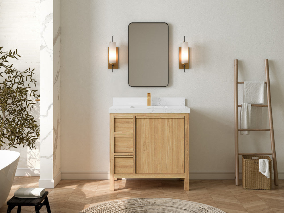 Elizabeth 36 Center Sink Bath Vanity in Light Natural Teak 2" Empira Quartz