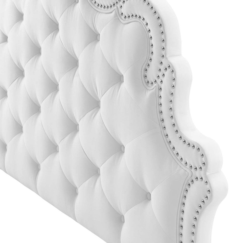 Tufted Headboard, Nailhead, Twin Size, White, Velvet, Modern, Mid Century Guest
