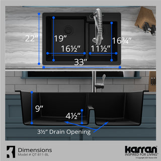 Karran 33" Top Mount Double Bowl 60/40 Quartz Kitchen Sink Kit, Black