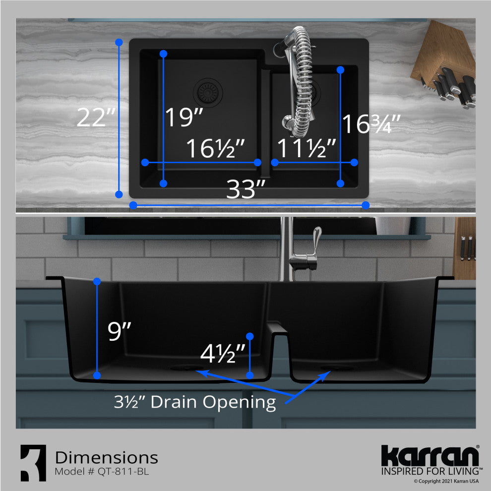 Karran 33" Top Mount Double Bowl 60/40 Quartz Kitchen Sink Kit, Black