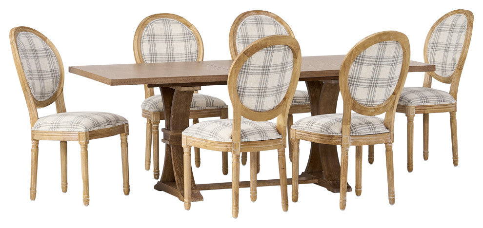 Dason French Country Fabric Upholstered Wood 7-Piece Dining Set, Gray Plaid/Natural