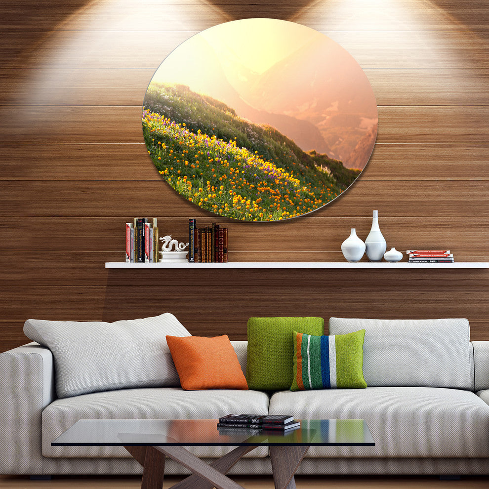 Flowering Mountain Meadow View, Landscape Large Disc Metal Artwork, 36"