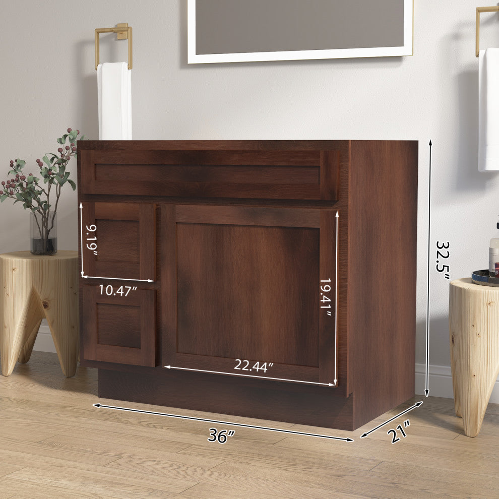 Vanity Art Vanity Base Cabinet, No Top, Drawers on Left, 36", Brown